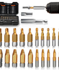 22 Piece Damaged Screw Extractor Set With Magnetic Extension Bit Holder And Socket Adapter For Removing Stripped And Broken Bolts No Nonsense Easy Out Kit In Heavy Duty Case shown with drill bits and extractors.