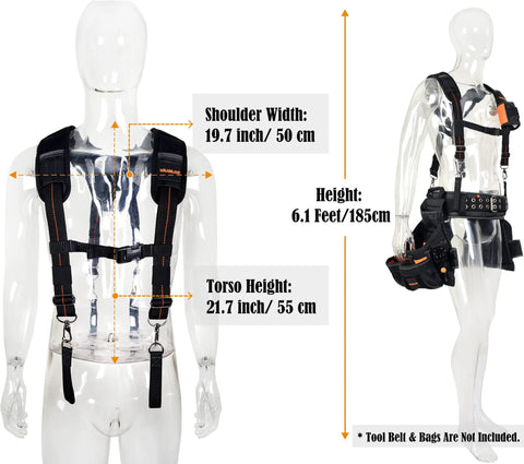Dimensions and mannequin view of All Day Comfort 2.5 Inch Tool Belt Suspenders Set For Men featuring EVA padding