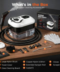 Portable Handheld Steam Cleaner With 1500W High Power For Homes And Kitchens Features 6-Level Adjustable Pressure And Quick Heat Up To Blast Grease And Dirt From Tile Grout And Bathroom Surfaces With Ease kit contents displayed on a table.