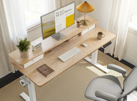 Fezibo 48 By 24 Electric Standing Desk With Double Drawers Maple Finish, ergonomic design with a computer setup.