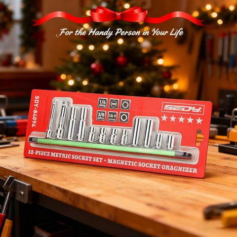 12 Piece One Quarter Inch And Three Eighth Inch Drive Ten Millimeter Socket Set with magnetic rail on a holiday-decorated workbench.
