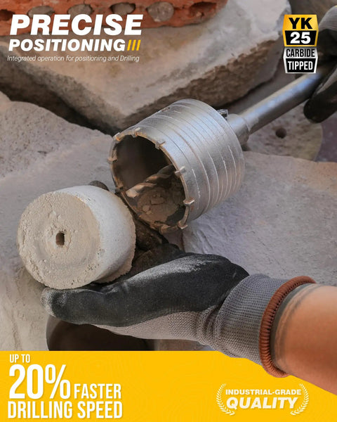 Professional 15 Piece Concrete Hole Saw Kit with Tough As Nails Alloy Steel Masonry Blades in use on concrete surface.