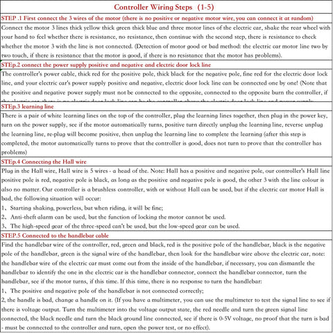 Instructions for wiring an e-bike controller showing steps for motor, power supply, and Hall wire connections.