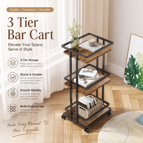 Kicking Your Hosting Game Up A Notch Requires This Rolling Three Tier Bar Cart Featuring Smooth Casters And Smart Storage Shelves For Effortless Drinks Service Across Any Kitchen Or Living Area Making Organization A Breeze And Entertaining Totally - stylish wood and metal bar cart with three shelves and smooth wheels.