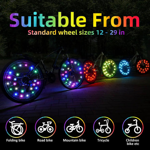 LED Bike Wheel Lights Two Tire Pack Spoke Light With Batteries Included displaying bright colors on bicycles at night