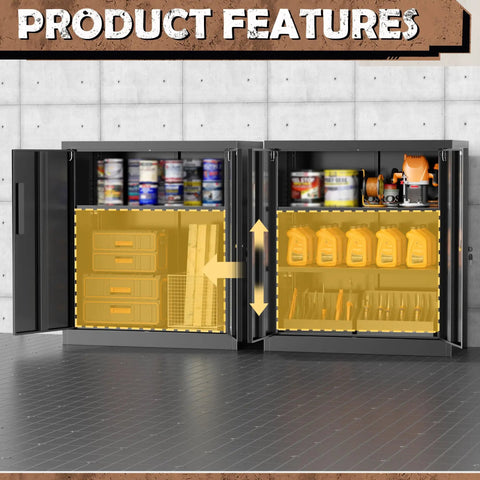 Locking Metal Storage Cabinet With Two Shelves And Locking Doors In Black Steel For Office Garage Or Home with organized tools inside.