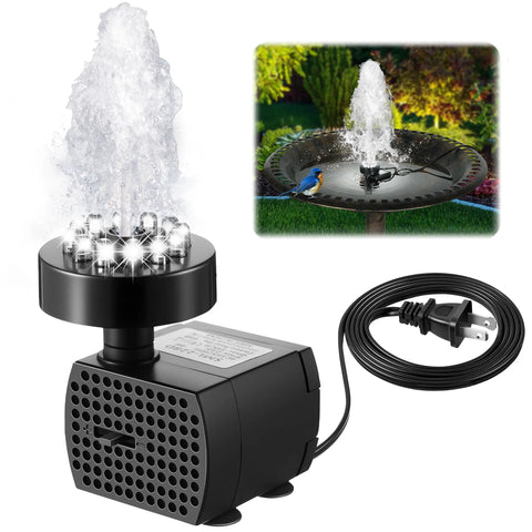 Bird Bath Fountain Kit With 12 LED Lights And A 24 Hour Submersible Pump With Light, adjustable for ponds and gardens