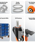 Set of 4 heavy-duty 2-inch stem casters with 3/8-16 thread, 600 lb capacity, orange PU wheels, locking swivel.