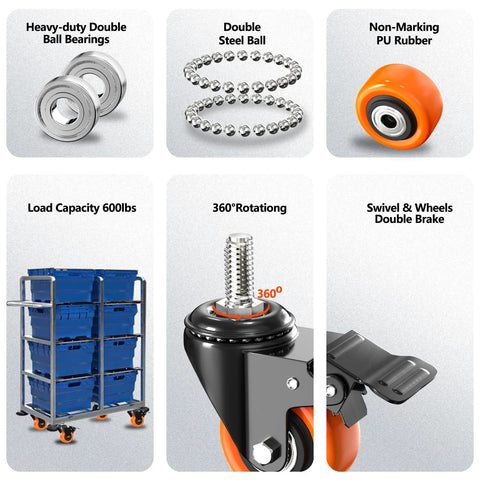 Set of 4 heavy-duty 2-inch stem casters with 3/8-16 thread, 600 lb capacity, orange PU wheels, locking swivel.