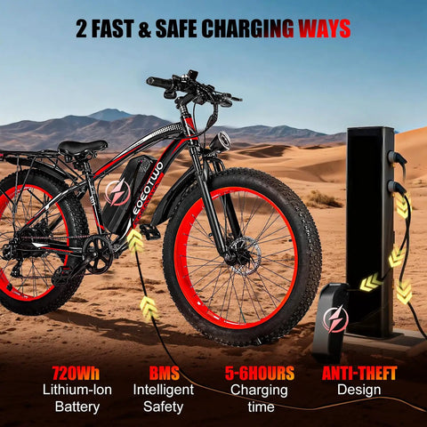 Electric Mountain Bike For Adults 1500W Peak Motor 26 Inch Fat Tire E Bike on desert trail, showing charging station and battery.