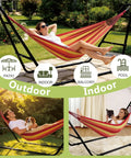Heavy Duty Steel Hammock Stand For Indoor Outdoor Use With 550 Pound Capacity, Portable And Easy To Assemble shown outdoors