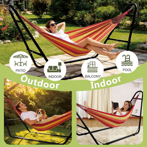 Heavy Duty Steel Hammock Stand For Indoor Outdoor Use With 550 Pound Capacity, Portable And Easy To Assemble shown outdoors