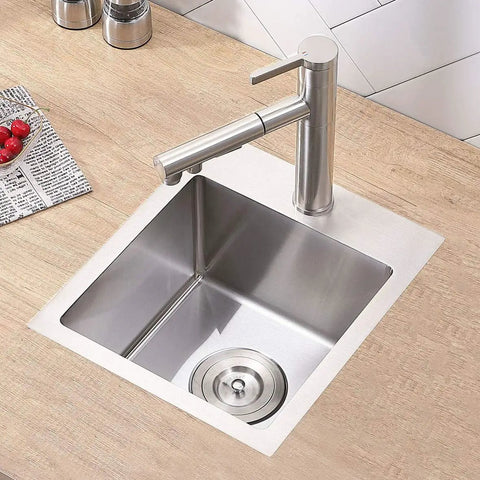 Drop In Bar Sink For RV Kitchen 15x15 Topmount Wet Bar, Single Bowl, Handcrafted 18 Gauge SUS304 Stainless Steel With Brushed Nickel Finish