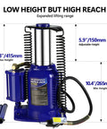32 Ton Hydraulic Bottle Jack Manual Lift Tool For Auto, Truck, And RV Repair Beefy Heavy Duty Bottle Jack For Cars, SUVs, Trailers, Buses, And Industrial Equipment Blue, 10.4-16.3 in