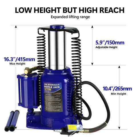 32 Ton Hydraulic Bottle Jack Manual Lift Tool For Auto, Truck, And RV Repair Beefy Heavy Duty Bottle Jack For Cars, SUVs, Trailers, Buses, And Industrial Equipment Blue, 10.4-16.3 in