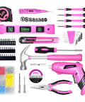 Pink Tool Set For Women 130 Piece Home Toolkit With 3.6V Cordless Rechargeable Screwdriver Essential Household Tools For New Homes Apartments College Dorms DIY Projects And Everyday Fixes showcasing various tools including hammer, tape, and screwdriver.
