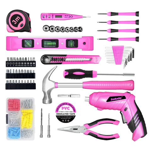 Pink Tool Set For Women 130 Piece Home Toolkit With 3.6V Cordless Rechargeable Screwdriver Essential Household Tools For New Homes Apartments College Dorms DIY Projects And Everyday Fixes showcasing various tools including hammer, tape, and screwdriver.