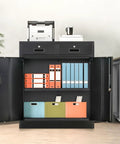 Front view of 36 Inch High Locking Metal Storage Cabinet With Two Drawers And An Adjustable Shelf For Office, Garage Or Home, Heavy Duty Steel Construction In Black Finish, doors open displaying shelves with organized files.