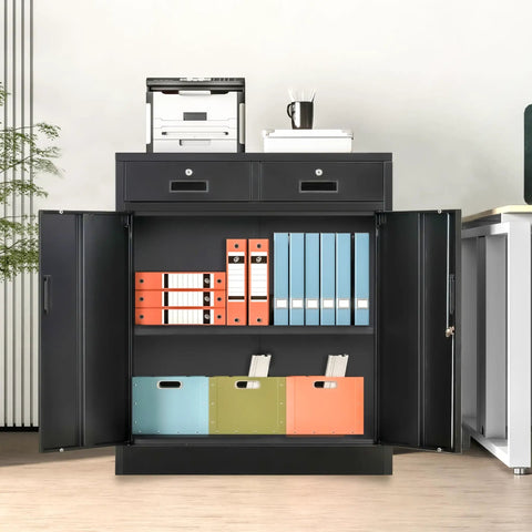Front view of 36 Inch High Locking Metal Storage Cabinet With Two Drawers And An Adjustable Shelf For Office, Garage Or Home, Heavy Duty Steel Construction In Black Finish, doors open displaying shelves with organized files.