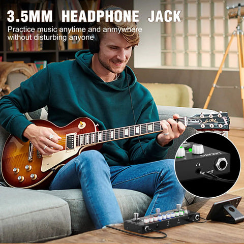 Man playing guitar with Multi Effects Guitar Pedal With Nine Amp Models And Eight IR Cabinets Dope Delays Reverb and Distortion