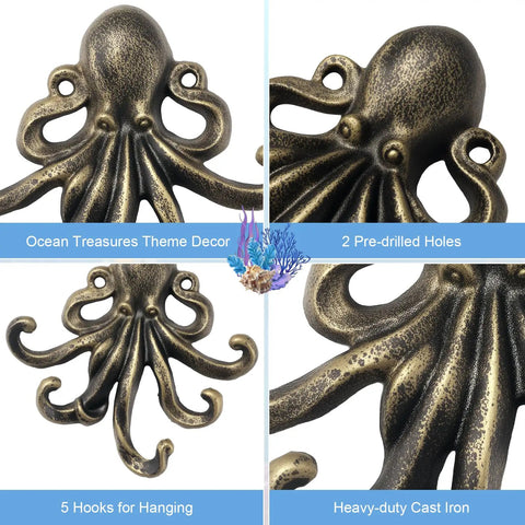 Tough As Nails 2 Pack Octopus Wall Hooks Heavy Duty Cast Iron 5 Arm Design Holds Up To 55 Lbs Antique Bronze Finish detailed view.
