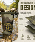 Waterproof 2L Camouflage Dry Bag With Roll Top Closure For Duck Hunting And Outdoor Fun Beach Boating Kayaking Fishing Camping Durable 500D PVC Tarpaulin Shell Pouch in a rocky stream showcasing design and materials