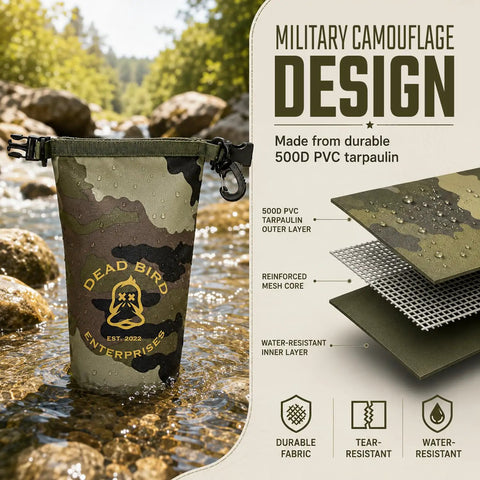 Waterproof 2L Camouflage Dry Bag With Roll Top Closure For Duck Hunting And Outdoor Fun Beach Boating Kayaking Fishing Camping Durable 500D PVC Tarpaulin Shell Pouch in a rocky stream showcasing design and materials