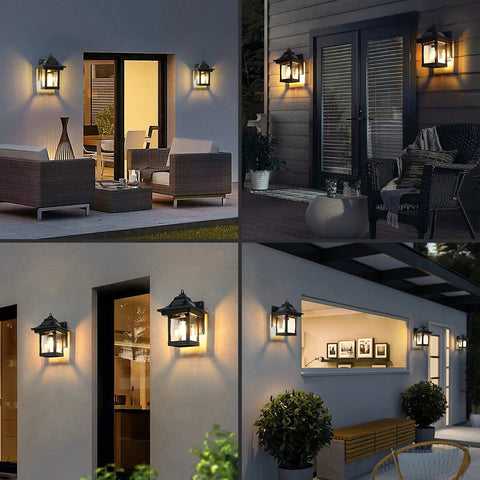 All Night Solar Wall Lights With Dusk To Dawn Motion Sensor 3 Lighting Modes Wireless Exterior Porch Lights Wall Mount Patio Fence Lanterns Black 2 Pack 2200mAh Battery Plugless No Wire Setup illuminating various outdoor areas.