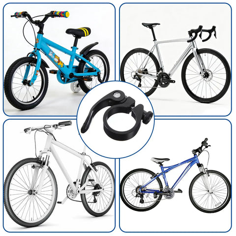 Collage featuring Universal 31.8mm Bike Seat Post Clamp Quick Release Aluminum with various mountain and road bikes.
