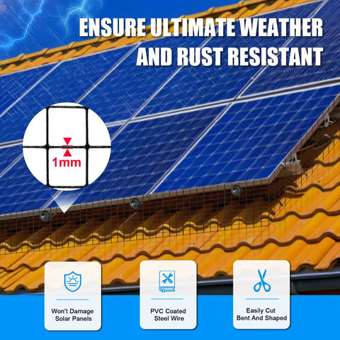 Heavy Duty Solar Panel Bird Guard Mesh Six Inches By 100 Feet Badass Protective Fence on solar panels showing PVC coated wire.