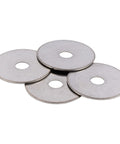 Five stainless steel fender washers, 1-1/4 in outer diameter with 5/16 in center hole, 304 stainless