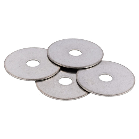 Five stainless steel fender washers, 1-1/4 in outer diameter with 5/16 in center hole, 304 stainless