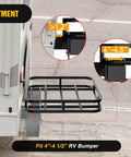 RV Bumper Mounted Cargo Carrier Basket With Net Fits 4 Inch Or 4 And A Half Inch Bumpers on RV showing mounting fit