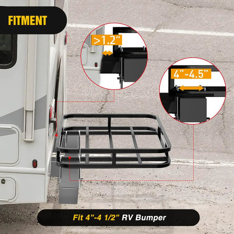 RV Bumper Mounted Cargo Carrier Basket With Net Fits 4 Inch Or 4 And A Half Inch Bumpers on RV showing mounting fit