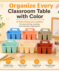 Plastic Classroom Caddy With Handle Six Pack 4 Compartment Desk Organizer in pastel colors for art supplies organization.