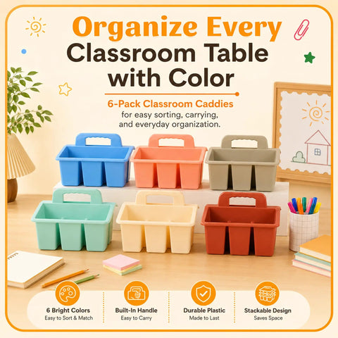 Plastic Classroom Caddy With Handle Six Pack 4 Compartment Desk Organizer in pastel colors for art supplies organization.