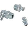 Three metal fittings from Grease Fitting Assortment Kit, SAE and Metric, 70-Piece, Straight, 45 Degree and 90 Degree Angled Fittings, Organizer Case.