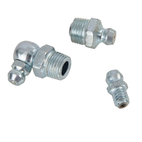 Three metal fittings from Grease Fitting Assortment Kit, SAE and Metric, 70-Piece, Straight, 45 Degree and 90 Degree Angled Fittings, Organizer Case.