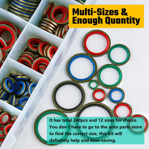 240 Pc All In One NBR Metal Bonded Sealing Washer Kit With 12 Sizes For Hydraulic And Oil Pipe Seals Gaskets Metric O Ring Set