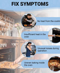 Oven symptoms showing no heat, insufficient heat, unusual noises, and uneven baking in kitchen setting with Convection Fan Motor DG31-00005A focus.