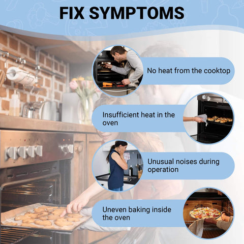 Oven symptoms showing no heat, insufficient heat, unusual noises, and uneven baking in kitchen setting with Convection Fan Motor DG31-00005A focus.