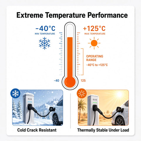 Extreme temperature performance infographic showing operating range -40°C to +125°C for Heavy Duty Ev Charging Cable 32 Ft 2 Awg High Voltage Xlpe Insulated EVSE Charge Cord For 1500 Vdc.