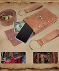 Clutch Vintage Renaissance Pirate Belt Set Featuring Ridiculously Handy Cell Phone Pouch Adjustable Drawstring Bag And Sturdy Skirt Hooks For Fire Cosplay Dramas And Night Out Rides with leather belt, phone pouch, and dollar bills.