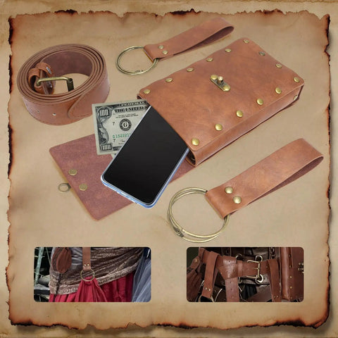 Clutch Vintage Renaissance Pirate Belt Set Featuring Ridiculously Handy Cell Phone Pouch Adjustable Drawstring Bag And Sturdy Skirt Hooks For Fire Cosplay Dramas And Night Out Rides with leather belt, phone pouch, and dollar bills.