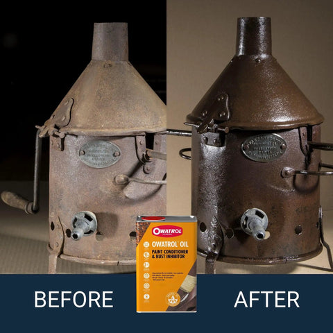 Before and after use of All In One Heavy Duty Rust Inhibitor For Metal And Wood And Paint Conditioner 34 Oz on metal machinery