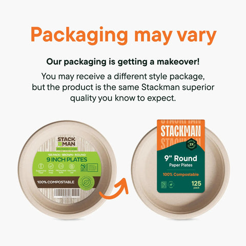 Heavy Duty 9 Inch Compostable Paper Plates 125 Pack Made From Sugarcane Bagasse Biodegradable Unbleached Brown Dinner Plates For Parties Eco Friendly And Strong Disposable Dishware with packaging showing 100% compostable label