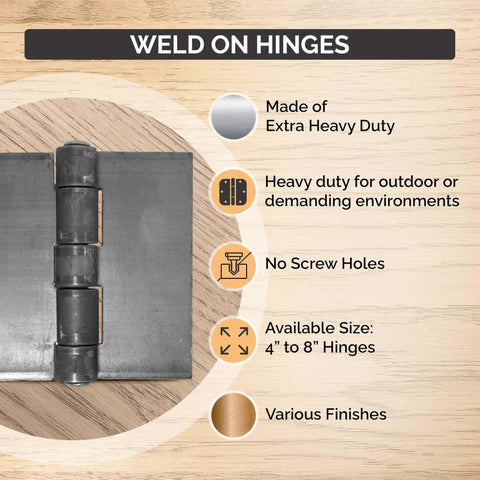 Weldable 4 Inch Square Bright Steel Butt Hinges Standard Duty 2 Pack With One Quarter Inch Pin for doors, shown in close-up view