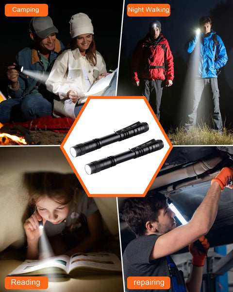 Collage of 20 Pack Pen Light Flashlights, 5.12 Inch Aluminum Pocket LED Lights with Clip used in camping, night walking, reading, repairing