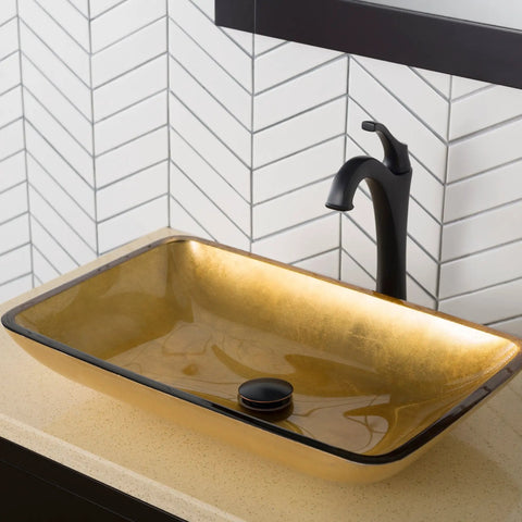 Rectangular Gold Glass Vessel Bathroom Sink 22 Inch Above Counter Slick Modern Look With Scratch Resistant Finish Easy To Clean Smooth Interior For A Boss Vanity Upgrade, displayed on a countertop with a sleek black faucet