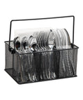 Multi Purpose Storage Caddy With Handle For Desk And Kitchen Black Metal Mesh Organizer With Easy Grab Four Compartments Cutlery Holder